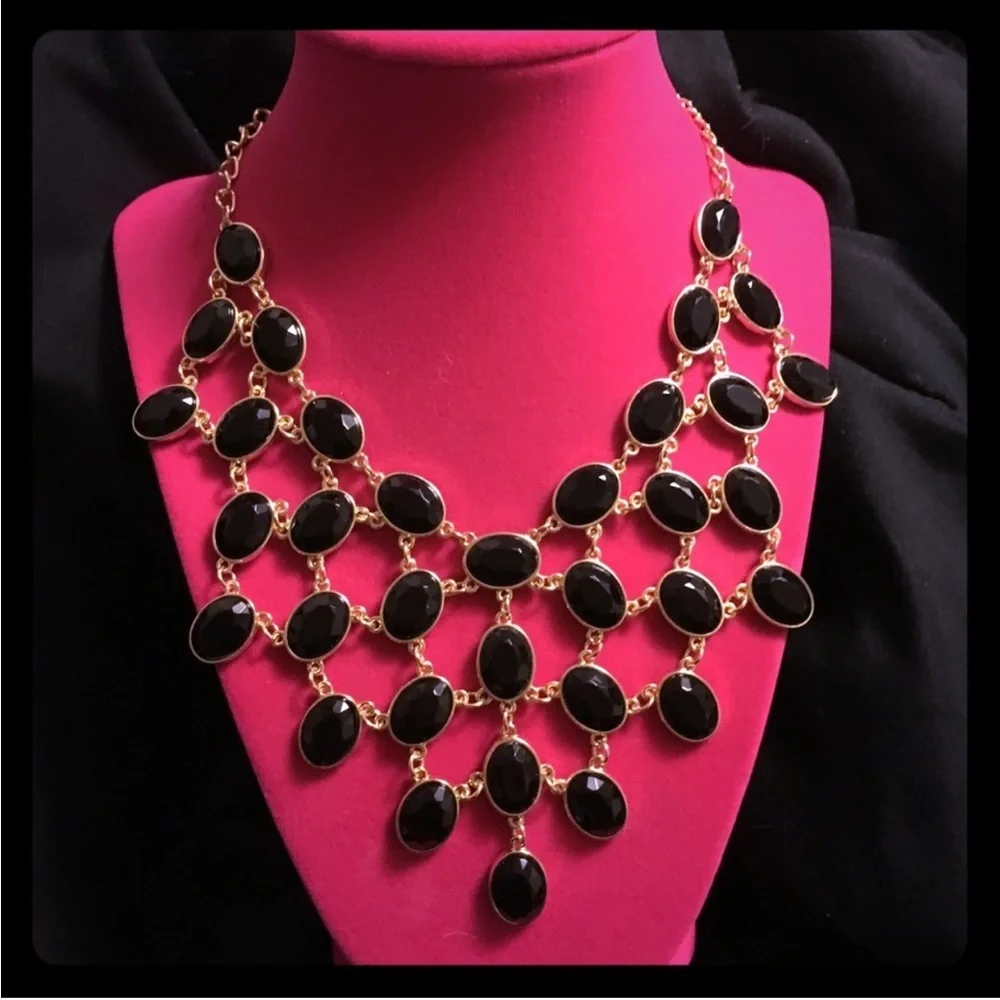 Black Gold Tone Statement Bib Necklace | Layered Faceted Bauble Necklace